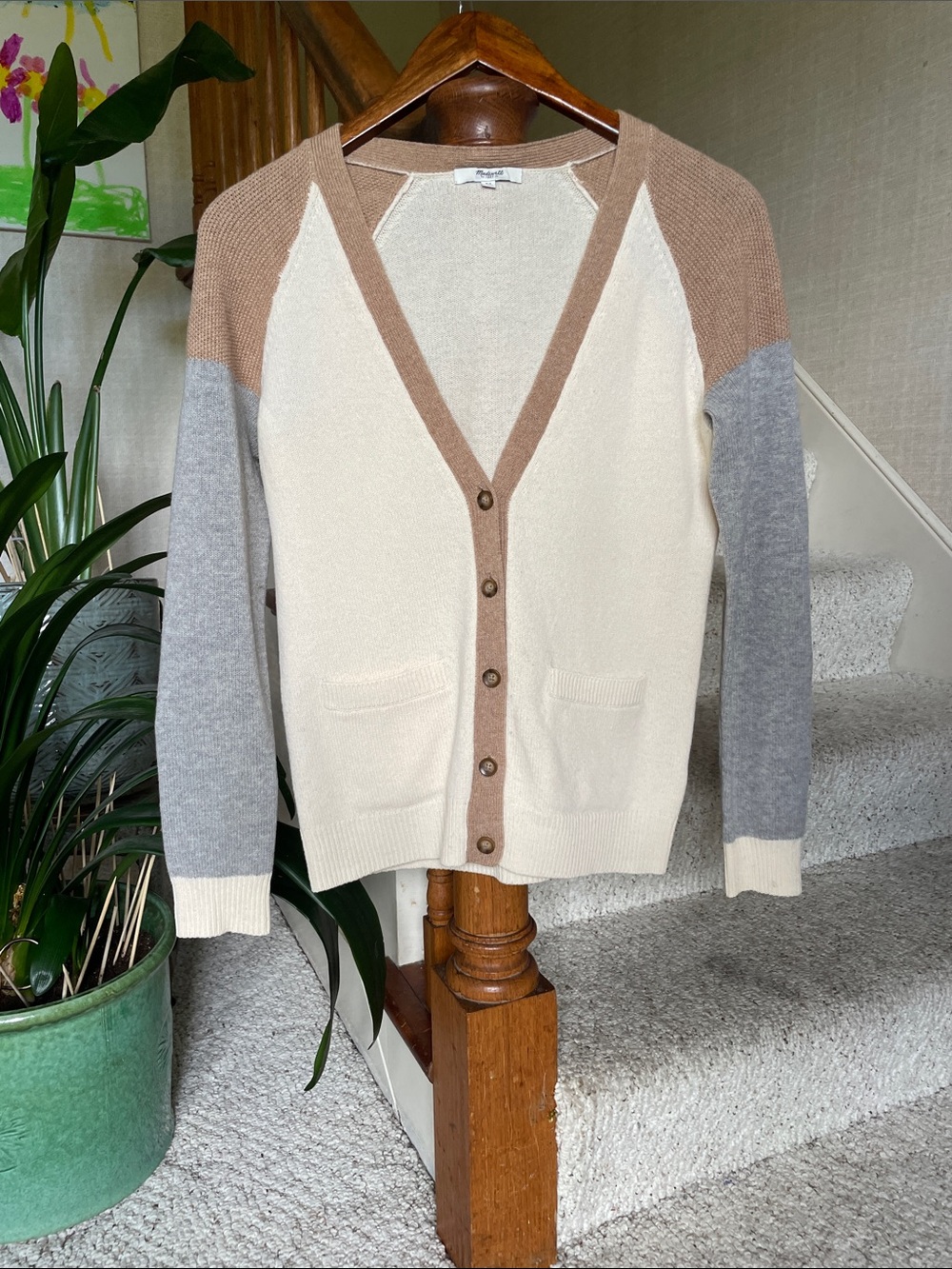 Madewell 100% Merino Wool Classic Colorblock V-Neck Cardigan Sweater